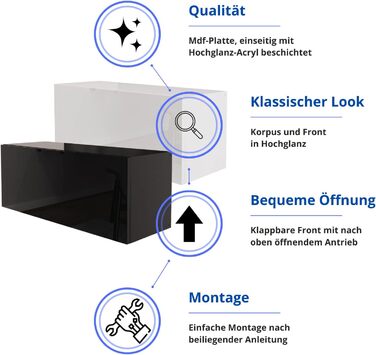 Настінна шафа, глянцевий білий, 90 x 35 x 32 см (Ш x В x Г), настінна шафа для вітальні, навісна настінна шафа, настінна полиця, шафа для документів, верхня шафа, відкривається натисканням, шафа для вітальні, біла, горизонтальна шафа, 90 x 35 x 32 см