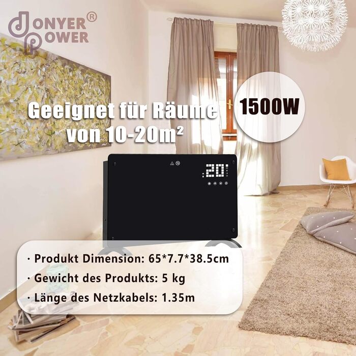 Конвекторний обігрівач DONYER POWER 1500 Вт, ультратонкий настінний або окремостоячий, 24-годинний таймер з дистанційним керуванням, чорна скляна панель, 1,5 кВт, чорний