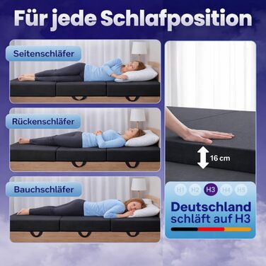 Розкладний матрац для гостей Arensberger Amalia 90x200 см 16 см надтовстої гелевої піни NANOCELL Матрац-кушетка та підлога Складаний матрац із сумкою для перенесення Ліжко для кемпінгу та подорожей 90 x 200 см