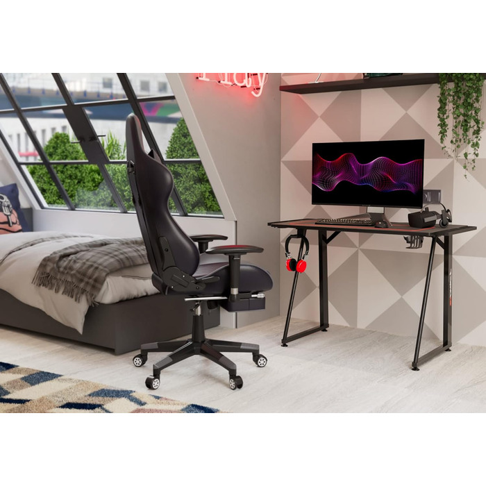 Ігровий стіл з карбоновою стільницею, покритий повнорозмірним килимком, тримачем для чашки та навушників, регульованими ніжками, чорний, 75-