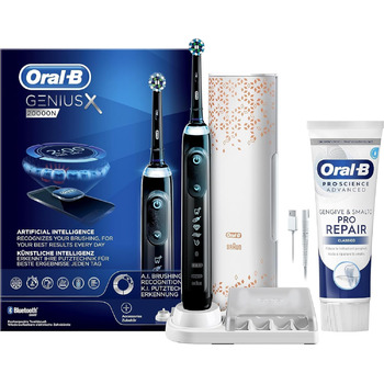 Акумуляторна електрична зубна щітка Oral-B Genius X, 6 режимів щітки, штучний інтелект, 1 насадка для щітки, 1 дорожній кейс, ідея для подарунка, чорний зубна паста в комплекті