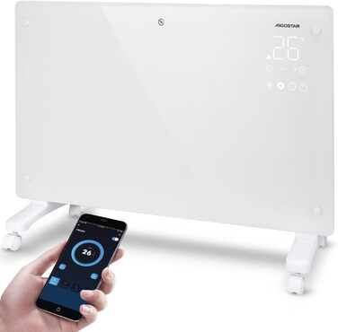 Електричний скляний конвекторний обігрівач Aigostar з пультом дистанційного керування для кімнат площею приблизно 30 м, радіатор з термостатом, енергозберігаючий ECO, тихий, 24-часовий таймер, окремостоячий/настінний, додаток Wi-Fi, 2000 Вт, чорний, білий