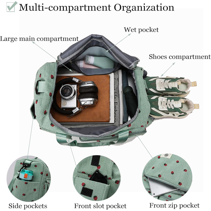 Спортивна сумка для дітей, дорожня сумка для дівчаток та жінок з відділенням для взуття та відділенням для вологи, вельветова сумка для плавання, дорожня сумка для вихідного дня, дизайн полуниці, сумка для ручної поклажі, пляжна сумка для подорожей, фітне
