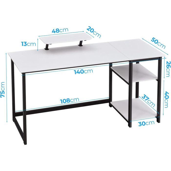 Комп&39ютерний стіл GreenForest з підставкою для монітора, офісний стіл 140 см з двосторонніми полицями, стіл для дому та спальні, білий 140 x 50 см