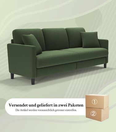 Місний диван 211 см, Зручні 3-місні дивани, Диван-канапа з флісу Тедді, Дивани для вітальні, що збираються без інструментів, 3-місний диван з масиву дерева, Невеликий диван з 2 подушками в комплекті, Зелений 211 см, 3-