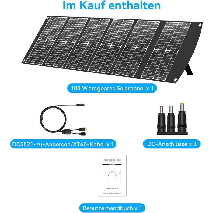 Портативний складаний зарядний пристрій для сонячних панелей Ecosonique потужністю 100 Вт із швидкою зарядкою та USB-C PD3.0, USB-A QC3.0, DC 20 В, легкий, з підставкою для кемпінгу, сонячних генераторів, мобільних телефонів, зовнішніх акумуляторів