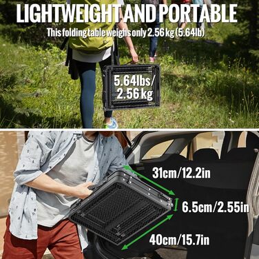 Складаний стіл-гриль GARLLEN, 60x40 см та 3 регульовані висоти (27/51/75 см), легкий та портативний, складаний стіл, кемпінговий стіл, бічний столик, садовий стіл, стіл для пікніка, невеликий стіл-гриль для кемпінгу, чорний, 60 x 40 x 27/51/75 см