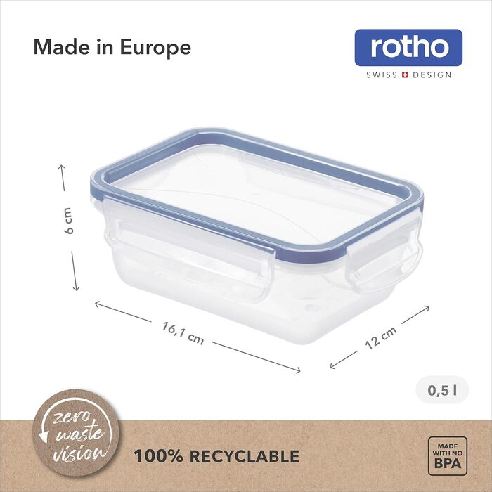Набір контейнерів Rotho Clic & Lock 8 шт. для зберігання продуктів, герметичні та 100 захищені від протікання, з кліпсовою кришкою та силіконовою прокладкою, 8 x 0,5 л, прозорі/блакитні