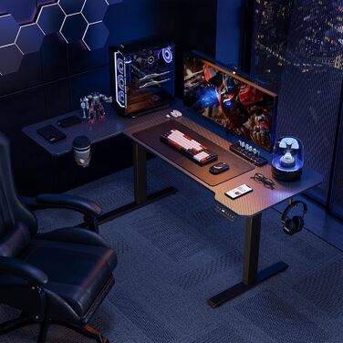 Кутовий стіл, регульована висота, L-подібна, 150 x 100 см, електричне регулювання висоти, ергономічний стіл з підставками для чашок та гачками, стабільний офісний стіл, чорний карбон, чорний карбон L-подібний 59