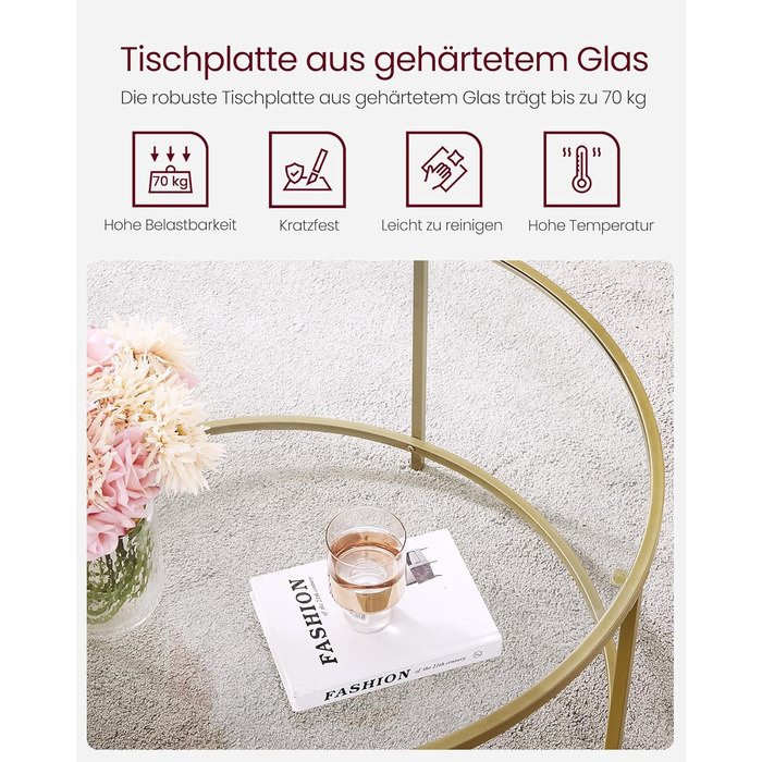 Круглий журнальний столик VASAGLE, стіл для вітальні зі сталевим каркасом, журнальний столик, бічний столик, золотий LGT21G золотистого кольору