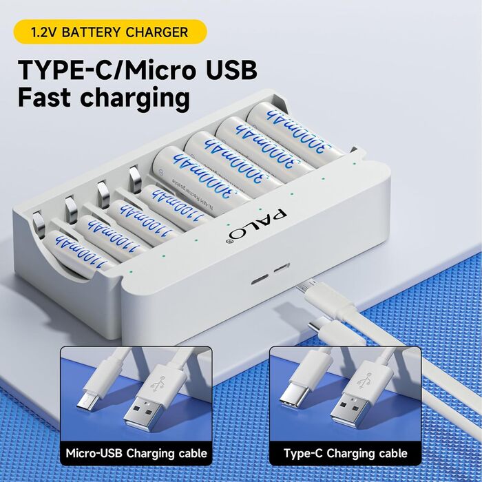 Акумуляторні батарейки типу АА із зарядним пристроєм, 8 слотів, портативна швидка зарядка USB 5V/2A для нікель-металгідридних батарей 1.2V, незалежна зарядка, 12 акумуляторних батарейок типу АА із зарядним пристроєм