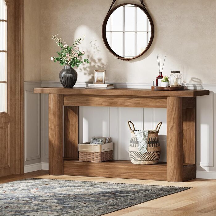 Консольний столик Tribesigns 160 см, вузький столик для передпокою, довгий столик для дивана за диваном, 2-ярусний столик для передпокою, бічний столик для передпокою, вітальні, рустикальний коричневий