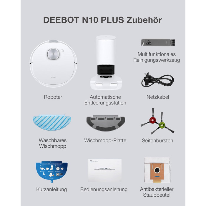 Робот-пилосос ECOVACS DEEBOT N10 PLUS зі шваброю 4300 Па, автоматична всмоктувальна станція, до 300 хв/400 м, лазерна навігація Tr