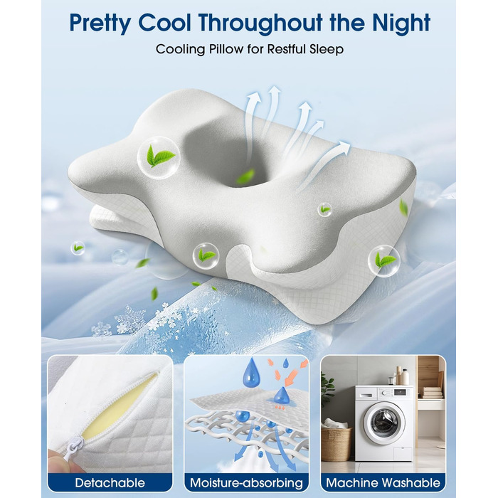 Ортопедична подушка для шиї метелик з піни з ефектом пам&39яті, ергономічна подушка з 2 охолоджувальними чохлами, що можна прати, для полегшення болю в шиї для тих, хто спить на боці, спині та животі, 2 рівні висоти