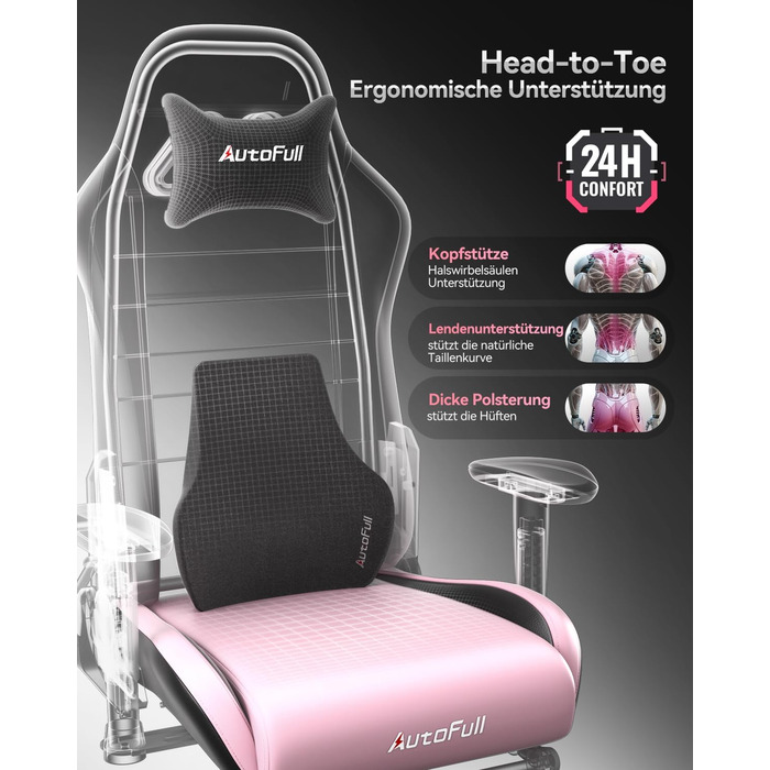 Ігрове крісло AutoFull C3, ергономічне ігрове крісло з поперековою опорою, регулюванням висоти та функцією нахилу, ігрові крісла з підставкою для ніг, вантажопідйомність 150 кг, гоночний дизайн сидіння зі штучної шкіри (рожевий)