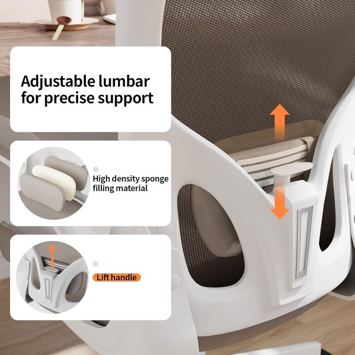 Ергономічне офісне крісло Monhey, висока спинка, сітчаста тканина, комп&39ютерне крісло з відкидними підлокітниками, регульованою поперековою опорою та підголівником, обертове крісло для дому та офісу 01beige