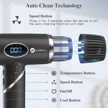 Фен з 200 мільйонами негативних іонів, наднизький рівень шуму 57 дБ, безщітковий мотор 110 000 об/хв, вага 340г, складаний фен з 3 дифузорами, LCD-дисплеєм, для подорожей, чорний, 2000W