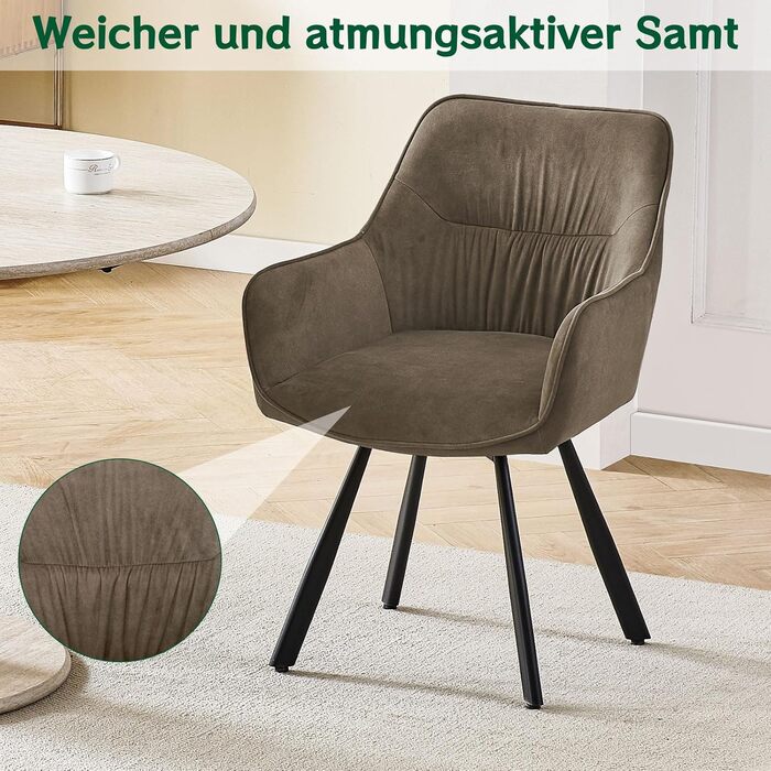 Комплект стільців для їдальні з 4 шт. , обертові крісла, поворот на 360, сучасне м&39яке крісло з оксамиту, стільці для їдальні, кухонне крісло, вітальня, кабінет, спальня, коричневий, 4 обертових крісла