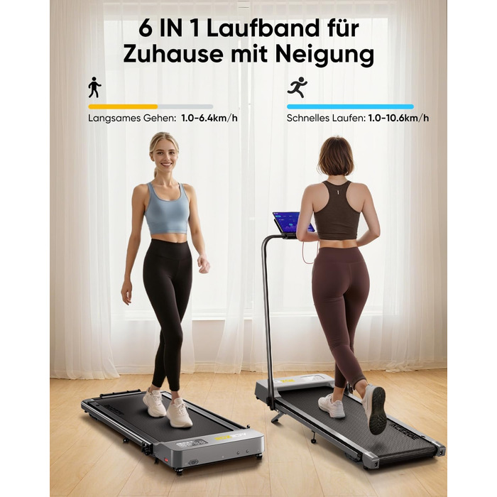 Складана бігова доріжка 6-в-1 для домашнього використання, біговий майданчик з нахилом 10 на 3 рівнях та ручками, бігова доріжка для дому/офісу зі світлодіодним дисплеєм, вантажопідйомність до 135 кг, пульт дистанційного керування та застосунок, встановле