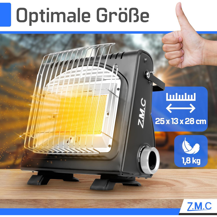 Портативний газовий обігрівач та газова плита ZMC 2-в-1 + 4 газові картриджі 227 г, керамічний кемпінговий обігрівач 1,7 кВт