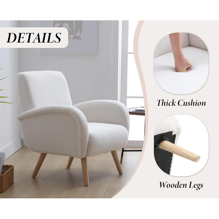 Сучасне крісло для відпочинку, м&39яке крісло з високоякісним штучним хутром та ніжками з масиву дерева, надзвичайно зручне крісло для читання для вітальні, спальні, легке складання, білий колір