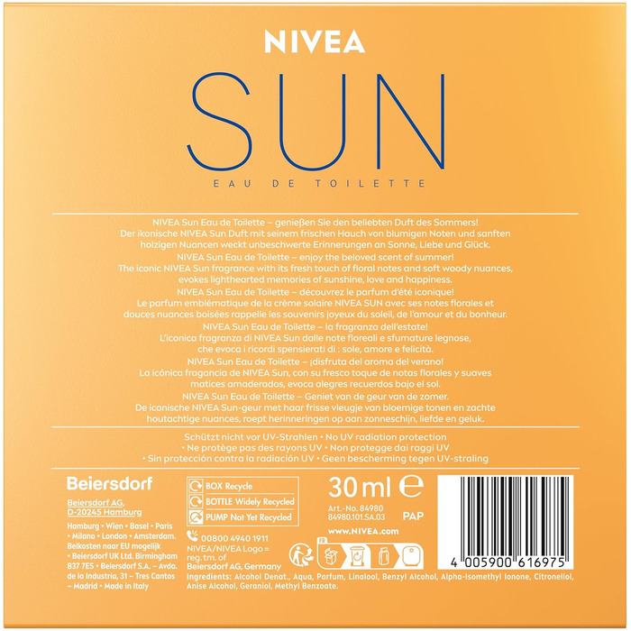 Туалетна вода NIVEA SUN, унісекс-парфуми з оригінальним ароматом сонцезахисного крему, літні, освіжаючі та в культовому флаконі для парфумів (30 мл) 30 мл (1 упаковка) Одинарний