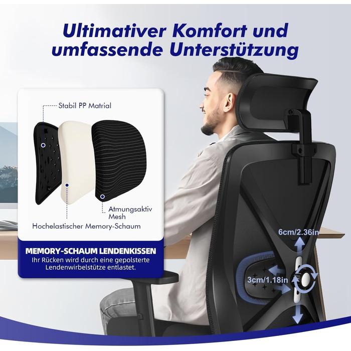 Офісне крісло Daccormax, ергономічне робоче крісло з регульованими підлокітниками, м&39яка поперекова опора та підголівник з натуральної губки, поворотне крісло для керівника з функцією гойдання, вантажопідйомність 200 кг, чорний колір, металева основа та