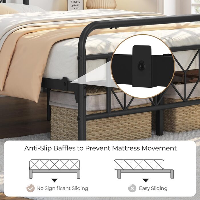 Металеве ліжко Yaheetech 140 x 200 см Вінтажний каркас ліжка з високим узголів&39ям, сучасне мінімалістичне двоспальне ліжко з рейковою основою та місцем для зберігання під ліжком для спальні, чорне 140 x 200 см