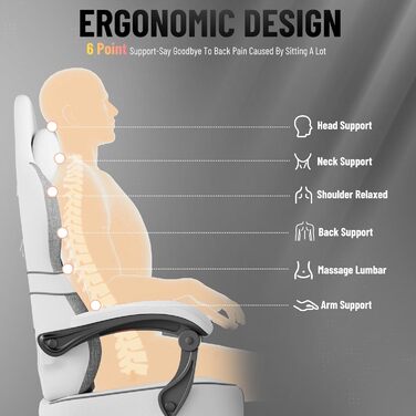 Ігрове крісло Ferghana, ергономічне ігрове крісло, ігрове крісло з регульованим підголівником та поперековою подушкою, підлокітниками, підставкою для ніг, гоночне ігрове крісло для ПК для офісу (біле, бавовна-льон) Біла бавовна