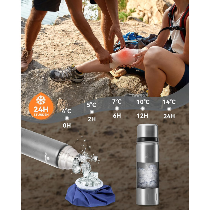 Термос SANTECO з нержавіючої сталі 1 л/1000 мл, герметична ізольована пляшка з чашкою для пиття в дорозі, термос для гарячих напоїв, кави та чаю, під час спорту, без BPA, зберігає напої холодними протягом 24 годин та гарячими протягом 12 годин, сріблястий