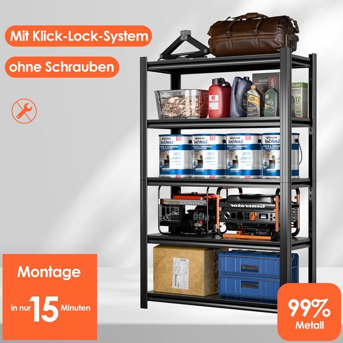 Міцний металевий стелаж 183x90x40 см з 5 регульованими металевими полицями Стелаж для зберігання в підвалі та майстерні Вантажопідйомність до 1000 кг Чорний 183 x 90 x 40 см