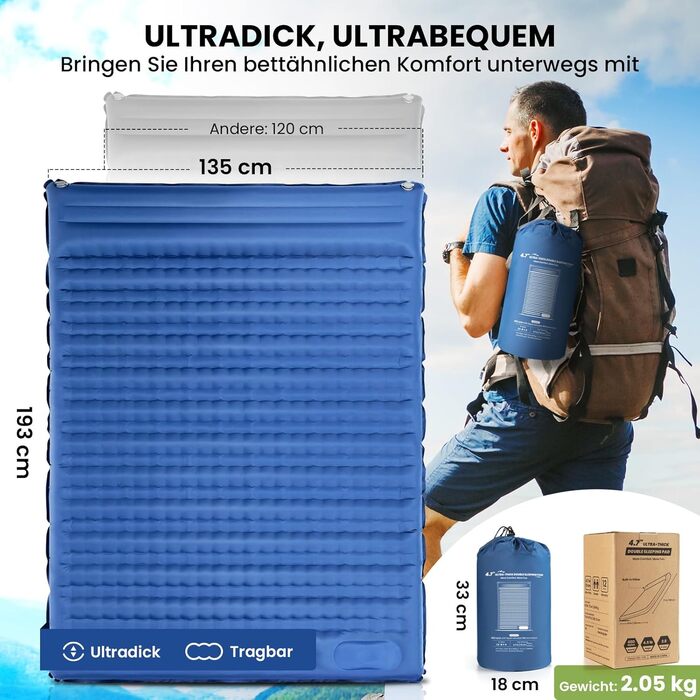 Надувний килимок для сну HIKENTURE 12 см, надлегкий, для кемпінгу для 2 осіб, з ножним насосом для активного відпочинку на природі, для походів, для намету темно-синього кольору