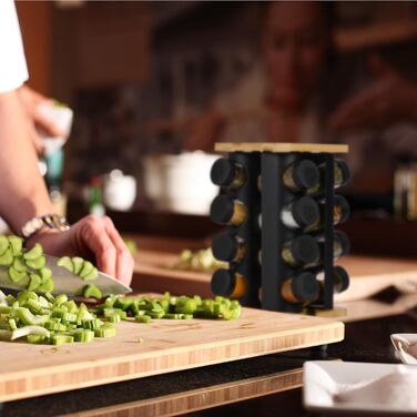 Карусель для спецій Relaxdays, 16 банок для спецій, обертається на 360, нержавіюча сталь, бамбук, скло, ВxШxГ 28 x 20 x 20 см, чорний/натуральний