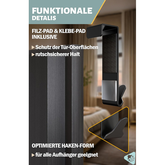 Дверні гачки Menz Premium в комплекті з 6 шт. - Чорні дверні гачки для підвішування з високою несучою здатністю - Функціональні дв