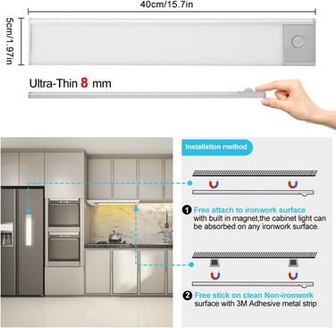Освітлення під шафою Кухня Led Dimmable 126 світлодіодів, освітлення шафи Нічник з датчиком руху Ультратонкі світильники для шафи акумуляторні 3000-6500K 3 колірна температура Світлодіодна стрічка для сходів кухонної шафи 40 см