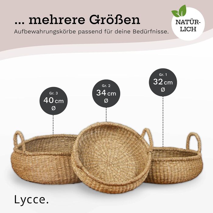 Натуральний кошик для зберігання, сплетений з морської трави Декоративний плетений кошик з ручкою, універсальне використання у вашому домі як кошик для білизни, кошик для пікніка, подарунковий кошик (порожній) Розмір 2 (Ø 34 см)