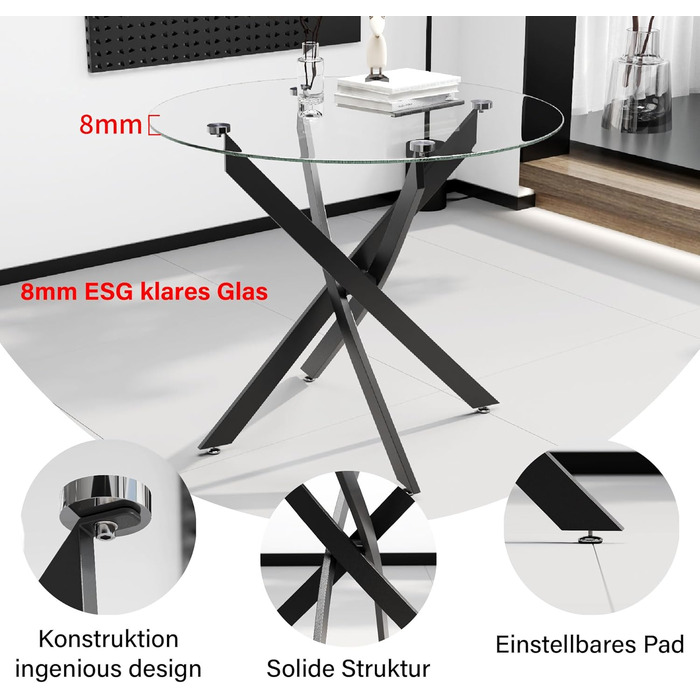 Круглий скляний обідній стіл GOLDFAN, сучасний кухонний стіл, дизайнерський скляний обідній стіл для їдальні та вітальні, 4-6 осіб, 90 см, чорний, 90x90x75 см