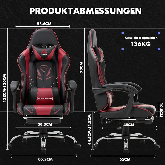 Ігрове крісло COLAMY, комп&39ютерне крісло з підставкою для ніг та поперековою опорою, регульоване по висоті ігрове крісло з поворотним на 360 сидінням та підголівником, крісло для відеогеймерів, ергономічна висока спинка, червоне сучасне
