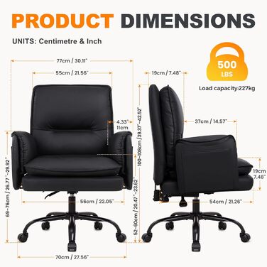 Офісне крісло IWMH, ергономічне робоче крісло зі штучної шкіри, потовщені подушки, крісло для керівника з широким сидінням та колесами, поворотне крісло з можливістю відкидання на 90-135, туалетне крісло, регульована висота з підлокітниками (чорне)