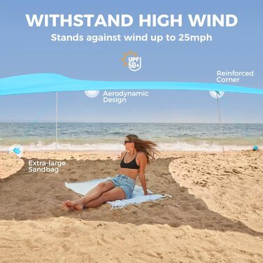 Пляжний намет WEKAPO, сонцезахисний навіс, легко встановлюється, пляжний навіс з 4 міцними жердинами, великими мішками з піском та лопатою, висотою 1,8 м, вітрозахисний сонцезахисний навіс для саду та кемпінгу, UPF 50 синій, 8x8 футів, 4 стійки