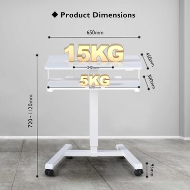 Стіл з регульованою висотою та підставкою для клавіатури, мобільний подіум, комп&39ютерна робоча станція до 15 кг, стіл для роботи з ноутбуком сидячи або стоячи на колесах, стіл з регульованою висотою для роботи стоячи, білий