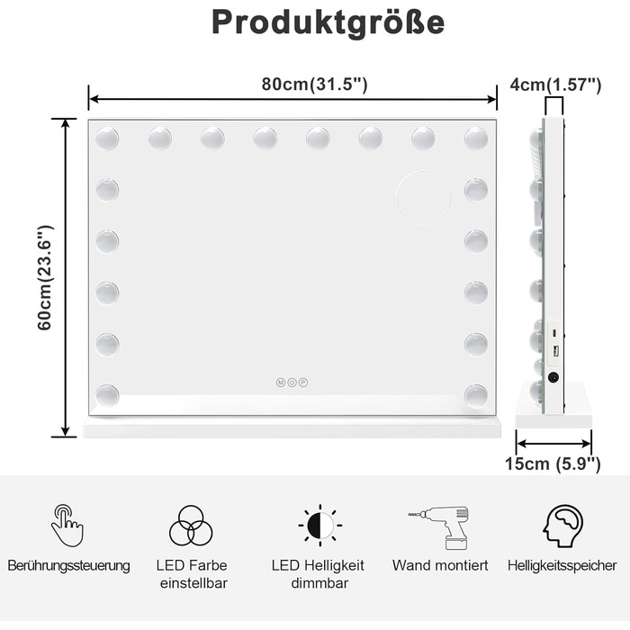 Дзеркало для макіяжу Dripex Hollywood з підсвічуванням, голлівудське дзеркало з підсвічуванням, дзеркало для макіяжу з 18 лампами і 3 колірними температурами світла, дзеркало для макіяжу з сенсорним управлінням, 80 x 60 см Білий Білий 80L x 60B см