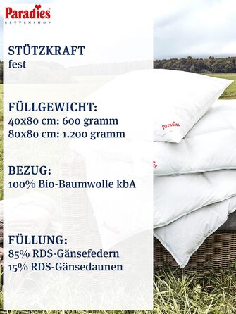 Пухова подушка PARADIES 80x80 см - 1200 г - Cleo Firm Organic - Жорстка подушка 80x80 см з гусячим пір&39ям та пухом, сертифікованими RDS, 80 x 80 см, висока підтримка