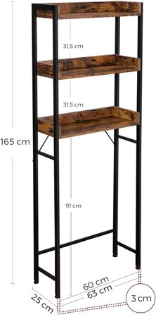 Полиця для унітазу, 3 яруси, полиця для ванної кімнати, компактна, легко збирається, для пральні, індустріальний стиль, сільський коричневий та чорний, BTS002B01 Рустикальний коричневий чорний