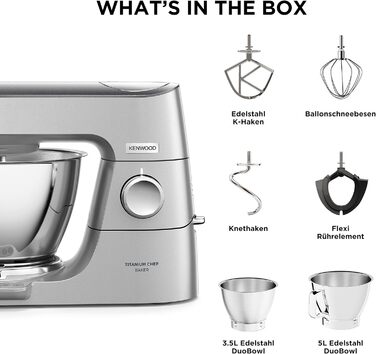 Кухонний комбайн Kenwood Titanium Chef Baker KVC85.004SI з вбудованими вагами, в т.ч. набір кондитерських виробів з 3 предметів, чаша для змішування 5 л і 3,5 л, безступінчастий регулятор швидкості, 1200 Вт, срібло