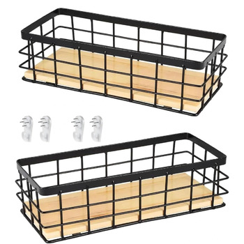 Дротяний кошик, металевий кошик, металевий кошик для зберігання у ванній кімнаті, металевий кошик зі знімною дерев&39яною основою, настінний кошик для дому, для фруктів та закусок, кухонна комора, 2 предмети, 29x13x10 см, чорний