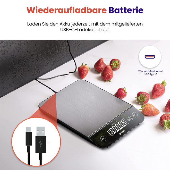 Кухонні ваги ETEKCITY цифрові, з великою пластиною з харчової нержавіючої сталі, зарядка від USB, водонепроникні 10 кг зі світлоді