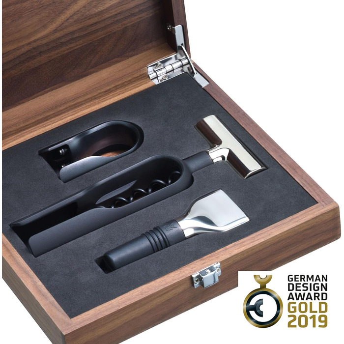 Набір для вина WMF Baric Sommelier 3 предмети, штопор, різак для фольги, пробка для пляшок, в коробці з горіхового дерева, чорний