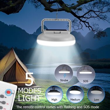 Сонячний світлодіодний кемпінговий ліхтар WholeFire з пультом дистанційного керування, USB-акумуляторний кемпінговий ліхтар, ультраяскравий сонячний ліхтар для намету 4500 люмен, портативний, водонепроникний, 5 режимів світла для походів та кемпінгу на св