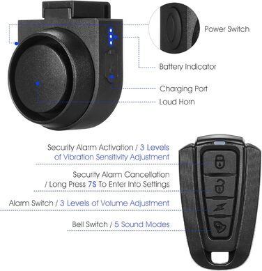 Велосипедна сигналізація-дзвінок, 115 дБ, IPX5, Бездротова, Чорний